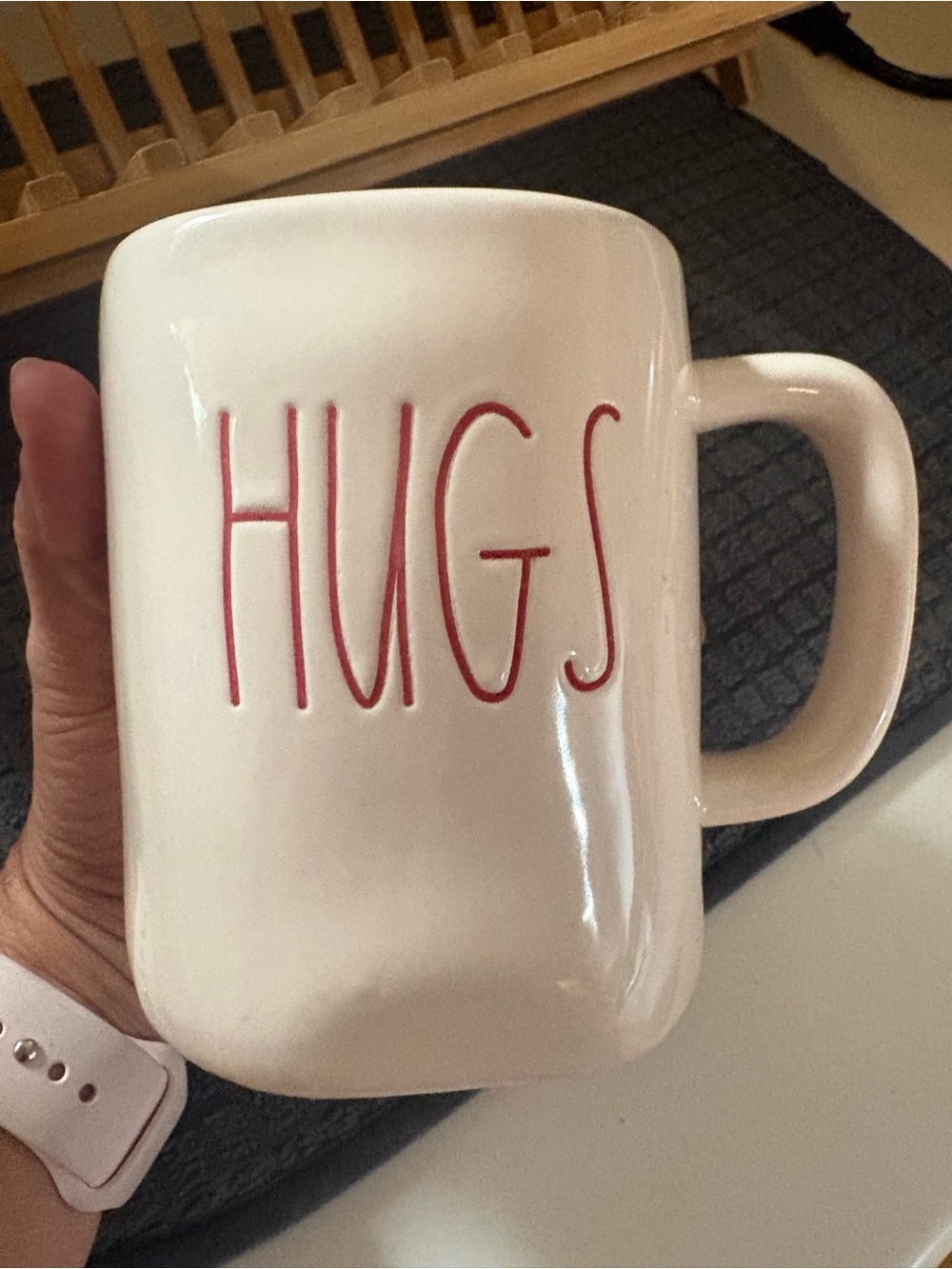 Rae Dunn White Ceramic Mug with Red 'HUGS' Lettering